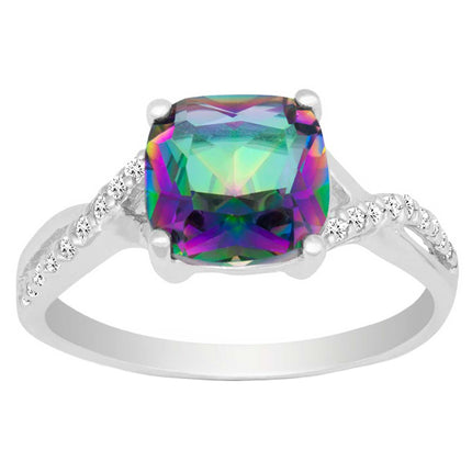 Classic Women's Silver Square Rainbow CZ Ring - W-9863 ,