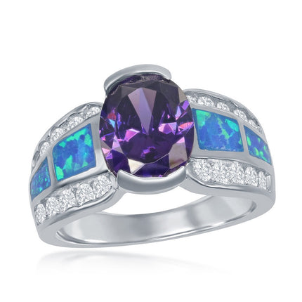Sterling Silver Cubic Zirconia; Blue Opal with Large Center Amy CZ Ring ,