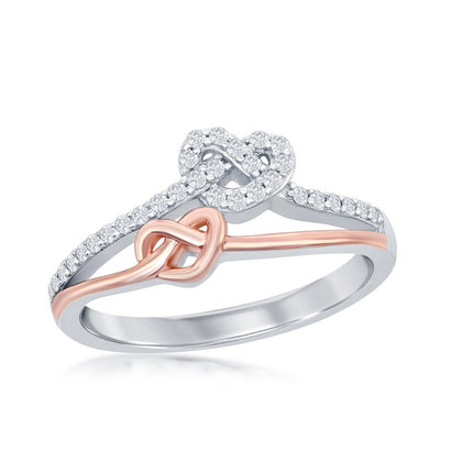 Sterling Silver Two-Tone Rose Gold Plated Love Knot Heart Micro Pave Ring - W-2035 ,