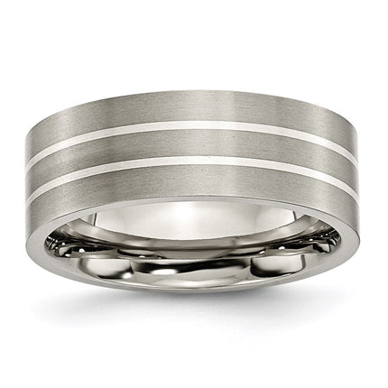 Titanium Sterling Silver Inlay Flat 8mm Brushed Band | TB213 ,