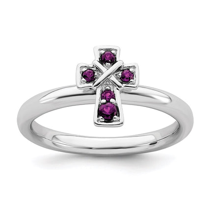 Sterling Silver Stackable Expressions Rhodium Rhodolite Garnet Cross Ring | QSK1635 ,