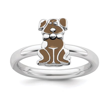 Sterling Silver Stackable Expressions Brown Enameled Dog Ring | QSK557 ,
