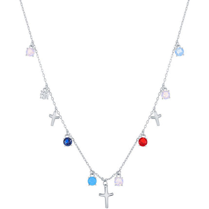 Classic Women's Necklace - Round Multi-Color CZ and Crosses | M-6814 ,