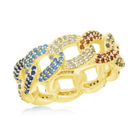 Sterling Silver GP Multi-Color CZ Link Ring - W-2443-GP ,