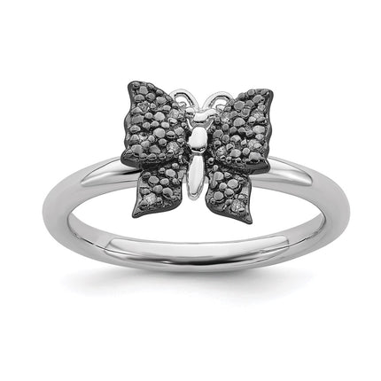 Sterling Silver & Black-plated Stackable Expressions Diamond Butterfly Ring | QSK1664 ,