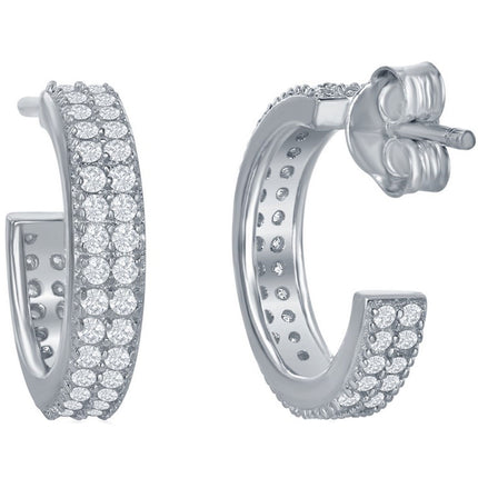 Classic Women's Earrings - Sterling Silver Micro Pave 15mm Double Row CZ Hoop | D-6088 ,