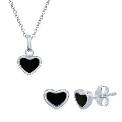Classic Women's Pendant and Earrings Set - Sterling Silver Onyx Heart | SET-399 ,
