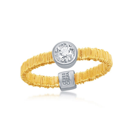 Sterling Silver Gold Threads Band with CZ Circle Ring - W-8957 ,