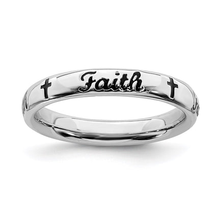Sterling Silver Stackable Expressions Black Enamel Faith Ring | QSK1539 ,