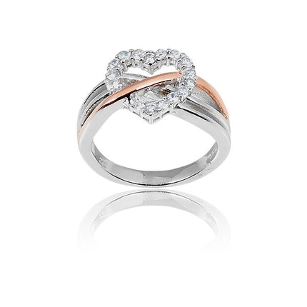 Sterling Silver Two Tone CZ Center Heart Ring - W-8929 ,