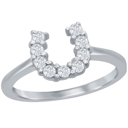 Classic Women's Silver Clear CZ Horseshoe Ring - W-7623 ,