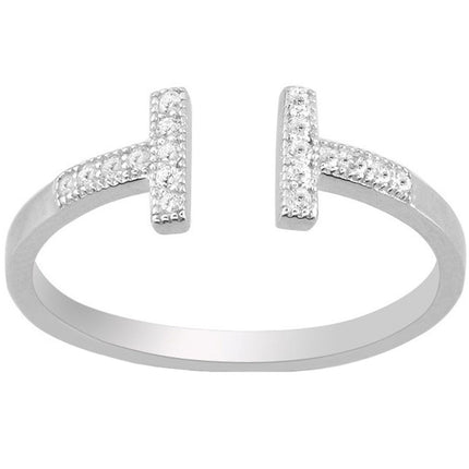 Classic Women's Silver Double T White CZ Ring - W-1262 ,