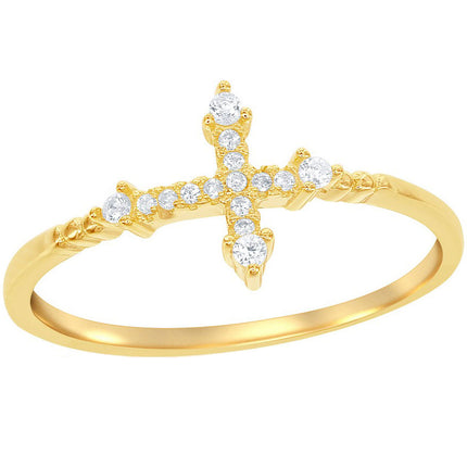 Classic Women's Silver Gold Tone CZ Cross Ring - W-1410 ,