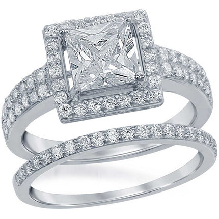 Classic Women's Square CZ Engagement Ring Set - W-1370 ,