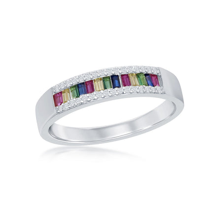 Sterling Silver Baguette Rainbow CZ Channel-Set Ring - W-2135 ,