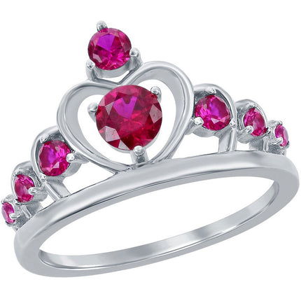 Classic Women's Silver Ruby CZ Crown Design Ring - W-2728 ,
