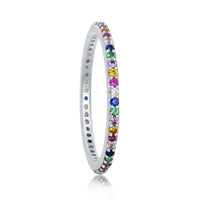 Sterling Silver Rainbow CZ Thin Band Ring - W-2133 ,