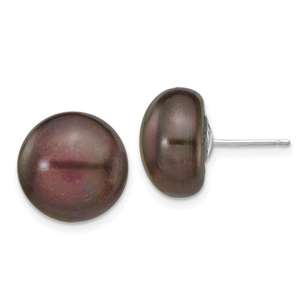 14k White Gold 12-13mm Black Button FW Cultured Pearl Stud Post Earrings ,