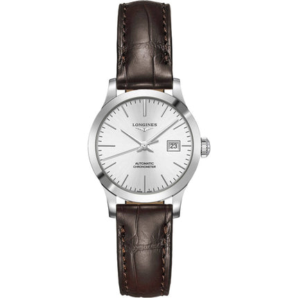 Longines Women's Watch - Record Automatic Silver Tone Dial Brown Strap | L23214722 ,