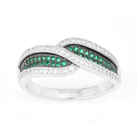 Sterling Silver Crossed Emerald and CZ Micro Pave Ring - W-9908 ,