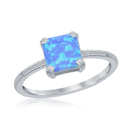 Sterling Silver Square Blue Opal Beaded Band Ring - W-2527 ,