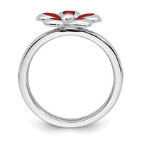 Sterling Silver Stackable Expressions Polished Red Enameled Flower Ring | QSK122 ,