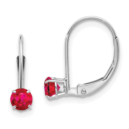14k White Gold 4mm Round July/Ruby Leverback Earrings ,