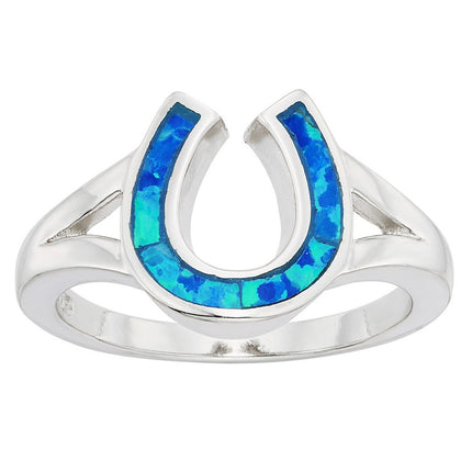 Sterling Silver Blue Inlay Opal Horseshoe Ring - W-9916 ,