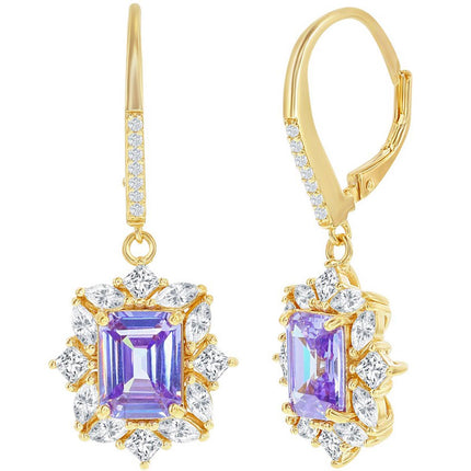 Classic Women's Earrings - Gold Plated Asscher Cut Lavender and White CZ | D-8223 ,