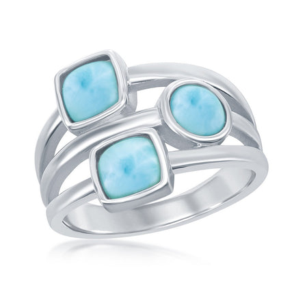 Sterling Silver Multi-Shaped Larimar Triple Band Ring, Size 9 ,