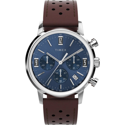Timex Men's Chronograph Watch - Marlin Blue Dial Brown Leather Strap | TW2W10200VQ ,