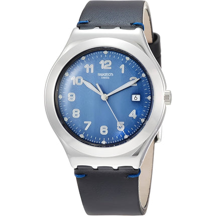 Swatch Men's Watch - Irony Côtes Blues Quartz Blue Dial Black Leather Strap | YWS438 ,