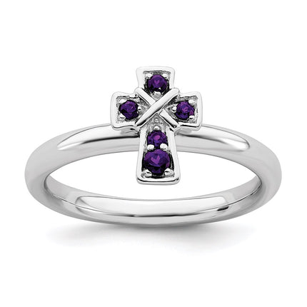 Sterling Silver Stackable Expressions Rhodium Amethyst Cross Ring | QSK1631 ,