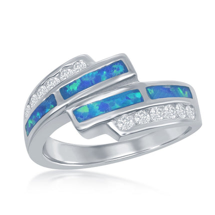 Sterling Silver CZ Overlapping Blue Inlay Opal Ring - W-9459 ,