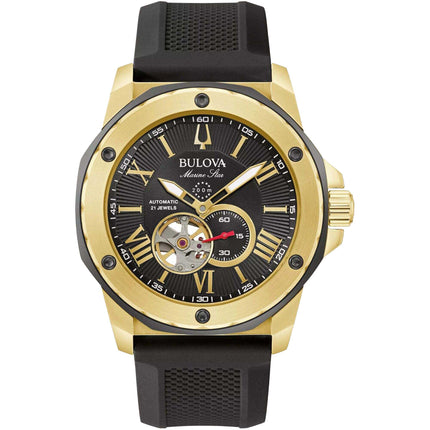 Bulova Men's Watch - Marine Star Automatic Black Dial Yellow Gold Case | 98A272 ,
