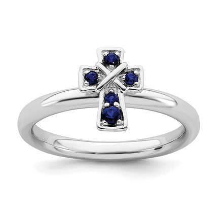 Sterling Silver Stackable Expressions Rhodium Created Sapphire Cross Ring | QSK1638 ,