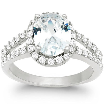 Classic Women's Silver Large CZ Engagement Ring - W-9891 ,
