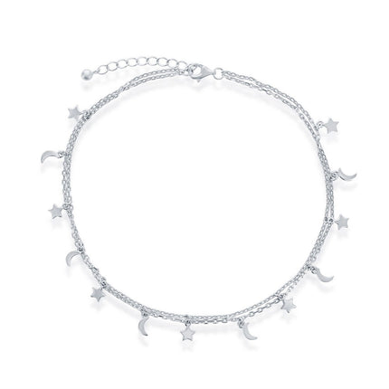 Classic Women's Anklet - Sterling Silver Moon and Star Double Strand | R-9262 ,
