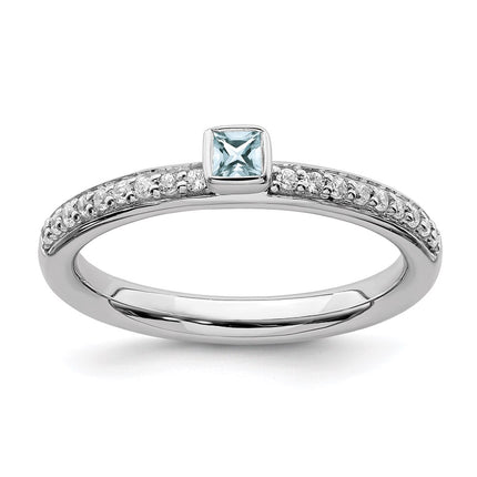 Sterling Silver Stackable Expressions Aquamarine & Diamond Ring | QSK2138 ,