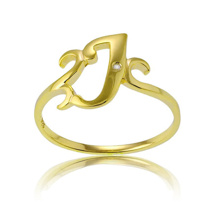 Sterling Silver 1 Micron GP Single CZ "J" Ring - W-9480 ,