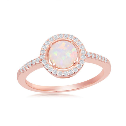Sterling Silver Round White Opal with CZ Halo Ring - Rose Gold Plated - W-2263 ,