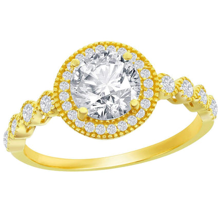 Classic Women's YG Plated Round Pave Halo CZ Ring - W-2846 ,