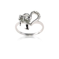 Sterling Silver Heart With CZ and Bow Ring - W-8989 ,