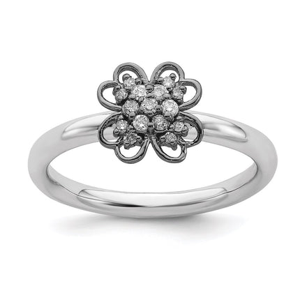 Sterling Silver & Black-plated Stackable Expressions Diamond Flower Ring | QSK1661 ,