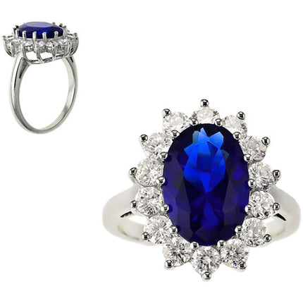 Classic Women's Blue Sapphire and Clear CZ Ring - W-9208 ,