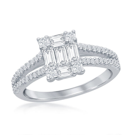 Sterling Silver Baguette CZ Emerald-Cut Engagement Ring - W-2411 ,