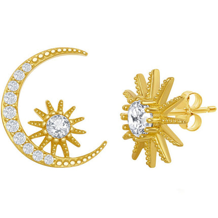 Classic Women's Earrings - Gold Plated Sun and Moon CZ Stud Post Back Closure | D-7825 ,