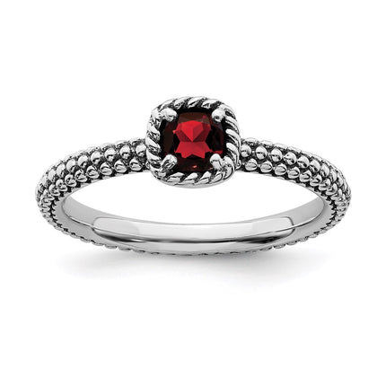 Sterling Silver Stackable Expressions Checker-cut Garnet Antiqued Ring | QSK742 ,