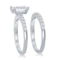 Sterling Silver Princess-Cut Half CZ Band Engagement Ring Set - W-2406 ,