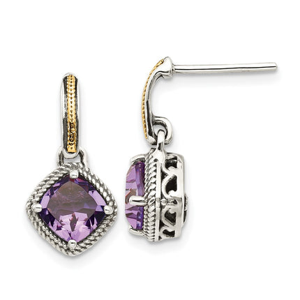 Sterling Silver w/14k Antiqued Amethyst Post Dangle Earrings ,